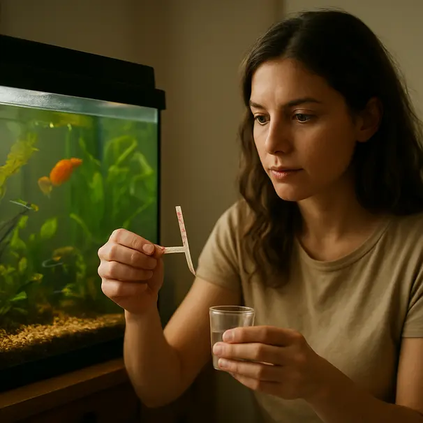 Un carer che controlla i parametri dell'acqua vicino a un acquario comunitario attivo, atmosfera attenta e domestica