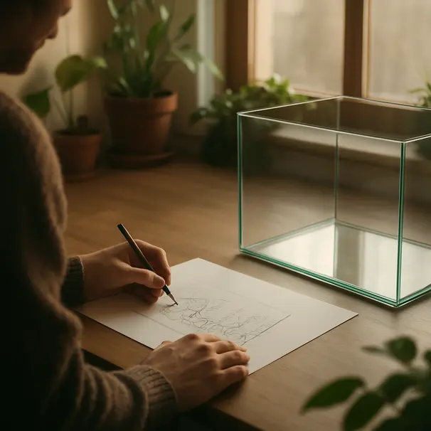 Persona che disegna il layout di un acquario domestico accanto a un acquario vuoto, luce del mattino in casa