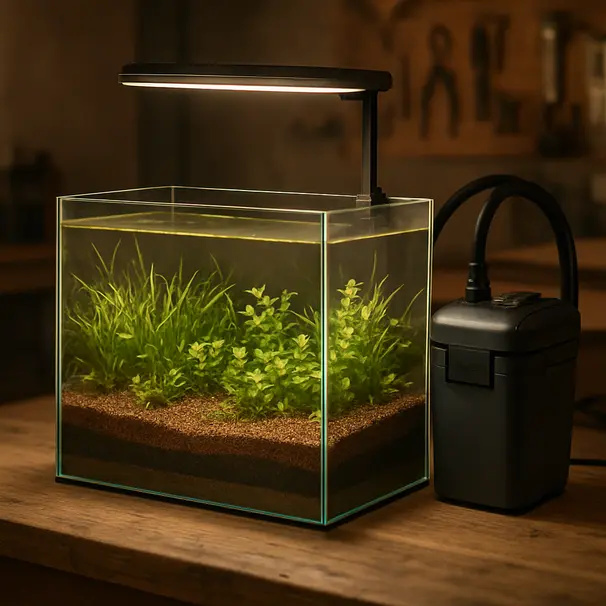 Attrezzatura per acquario con substrato, filtro esterno e illuminazione LED posizionati in un ambiente interno