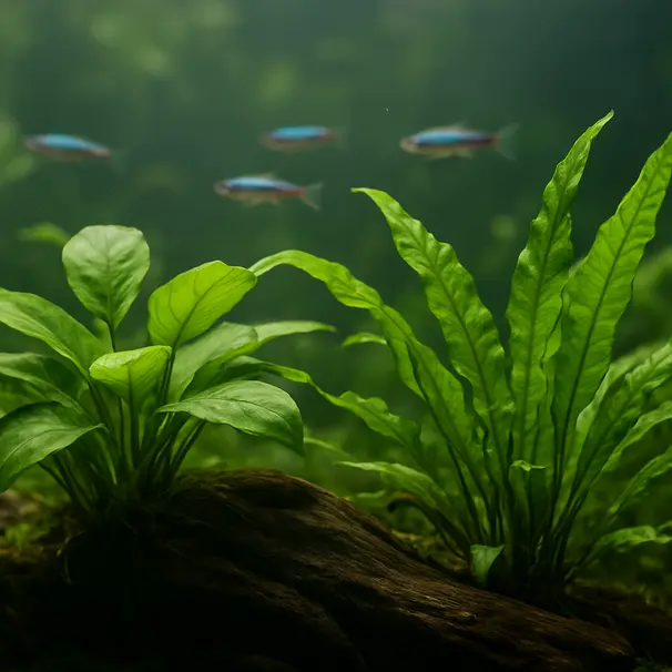 Primo piano di piante acquatiche rigogliose ancorate a legno, con piccoli tetra che nuotano sullo sfondo