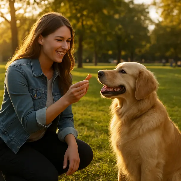Golden retriever sitting in a park receiving a safe treat from its owner during golden hour