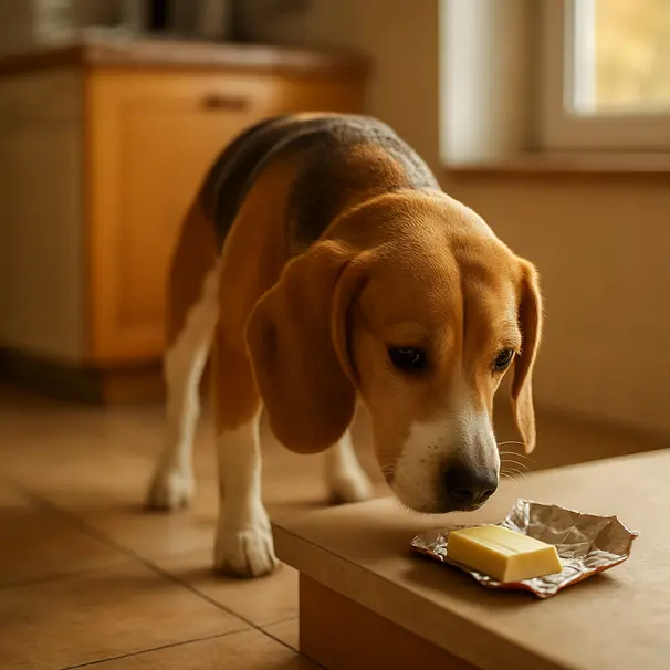 Beagle in a kitchen sniffing a small piece of white chocolate on a counter with morning sunlight