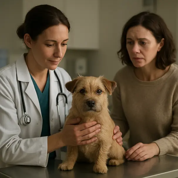 Small terrier on a vet exam table being examined by a veterinarian with the owner nearby