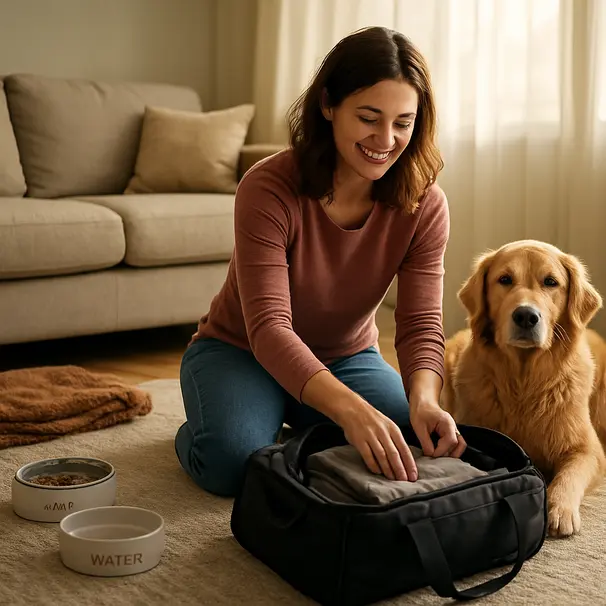 Pet owner packing a travel bag on a living room floor while a golden retriever lies nearby, sunlight through curtains, visible pet supplies