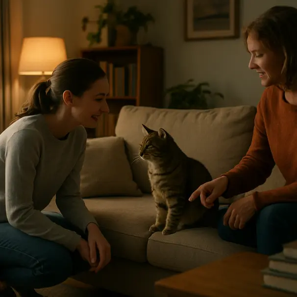 Pet carer kneeling to greet a tabby cat on a sofa in a warmly lit living room, owner pointing to a toy, plants and books in background