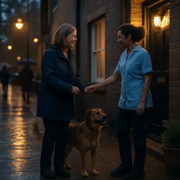 Carer receiving a leash from an owner outside a city front door at dusk, medium-sized dog wagging, wet pavement and warm streetlight reflections