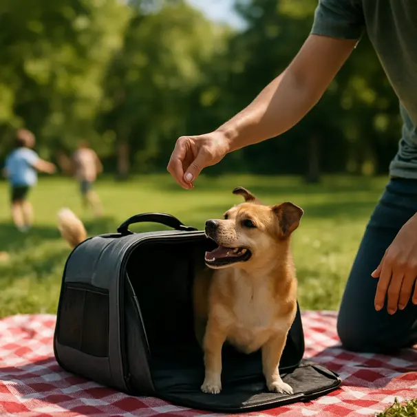 Small mixed-breed dog entering a soft-sided carrier at a sunny park picnic, owner offering a treat, trees and people blurred behind