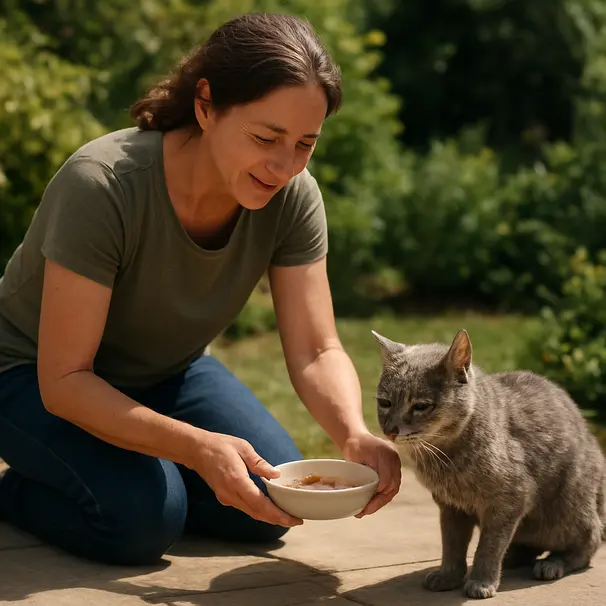Pet carer offering wet food and water to a grey senior cat on a sunny backyard patio