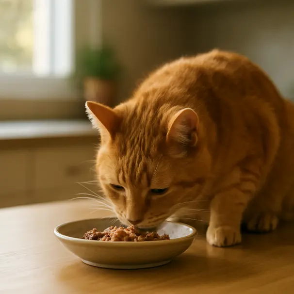 Senior orange tabby cat eating wet food from a ceramic bowl on a kitchen table in morning light