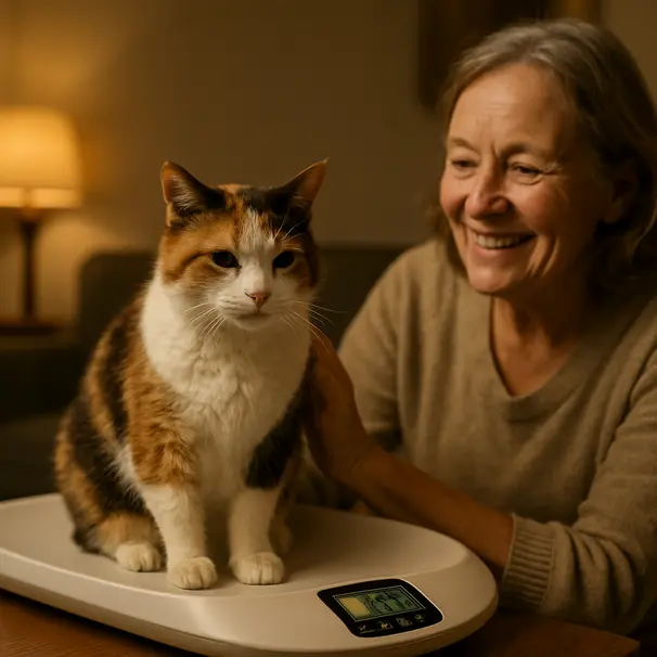 Senior calico cat on a digital pet scale at home with a carer nearby in a cozy evening setting