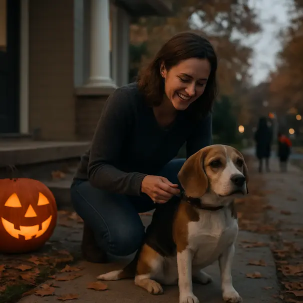 Pet carer clipping a leash to a calm beagle on a porch at twilight with Halloween decorations nearby