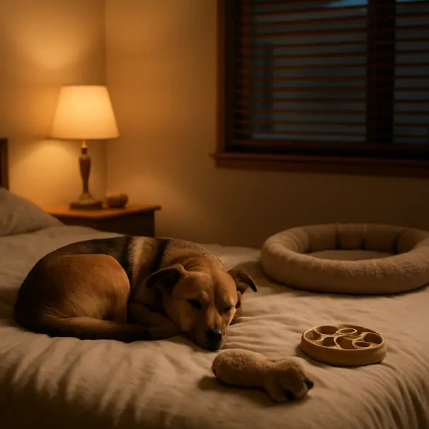 Mixed-breed dog resting on a bed in a quiet dimly lit room with toys and a cat bed nearby
