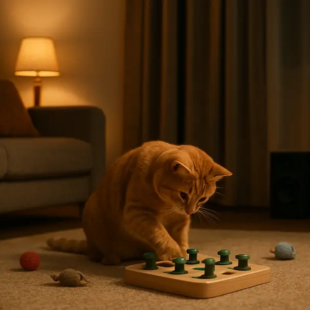 Ginger cat playing with a puzzle feeder on carpet in a dimly lit living room with closed curtains and toys