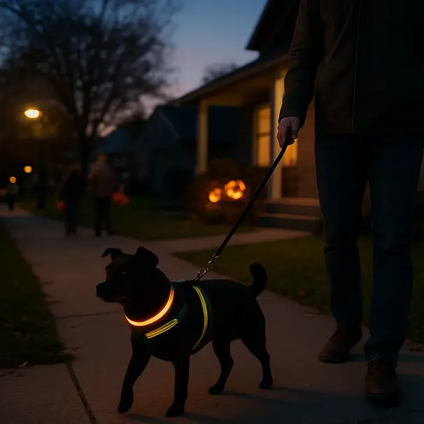 Small black dog in reflective harness on an early evening suburban walk with Halloween decorations in the background