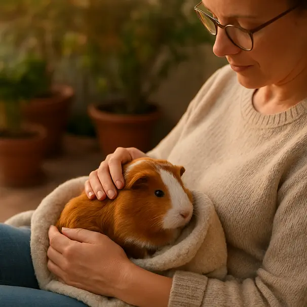 Caregiver cradling a relaxed guinea pig on their lap outdoors during golden hour, with potted plants visible