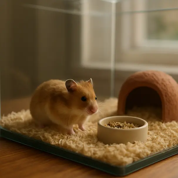 Young Syrian hamster exploring a clean, well-lit habitat with bedding and a hide inside a home interior