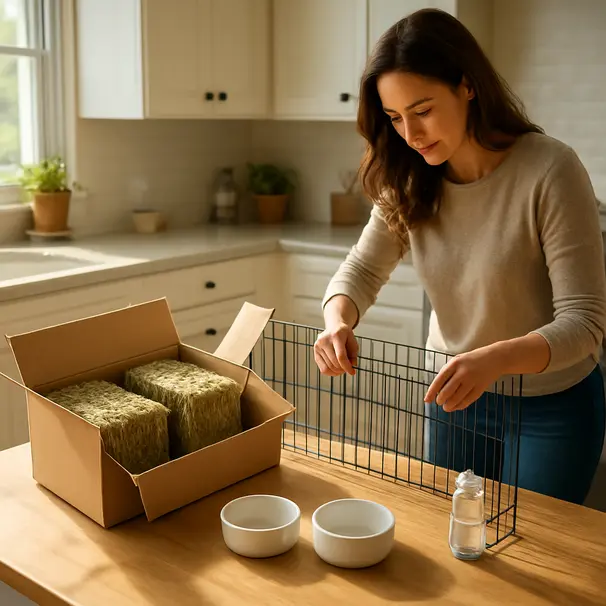 Pet owner assembling a playpen and arranging hay, dishes, and water bottle in a sunlit kitchen