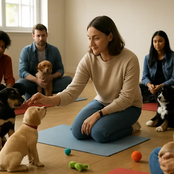 Puppy class in a bright community hall with puppies and owners seated, instructor showing calm greeting and handling techniques, toys and mats visible