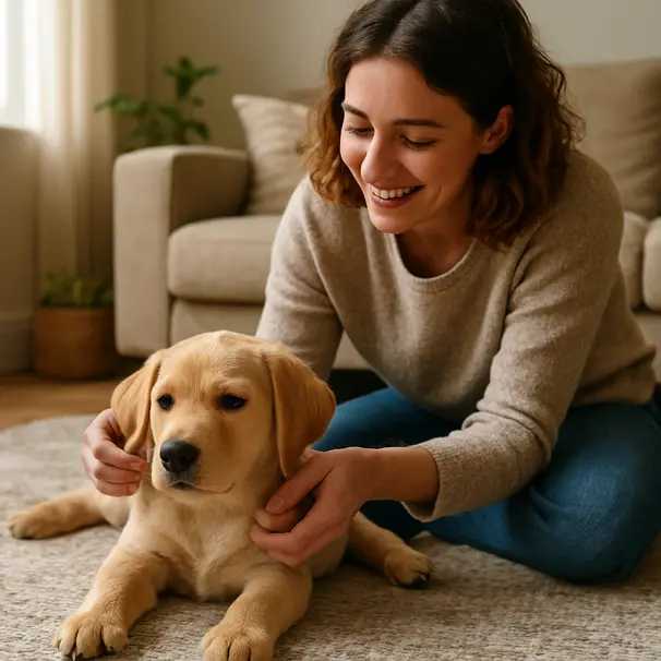 Puppy lying on a living room rug while an owner gently touches its paws and ears, calm indoor environment with soft window light