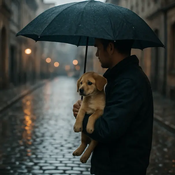 Owner carrying puppy under an umbrella on a wet cobblestone street at dusk, reflections on pavement and distant city lights