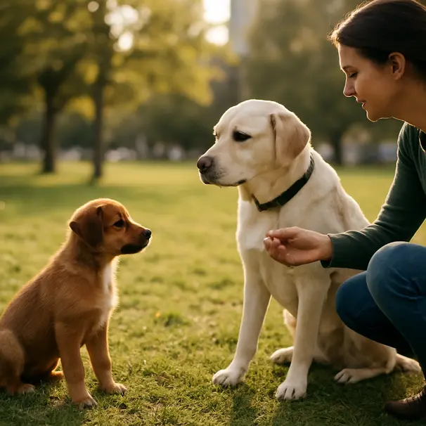 Small mixed-breed puppy sniffing a calm Labrador in a sunny city park, owner crouched and offering a treat, grassy background and soft sunlight