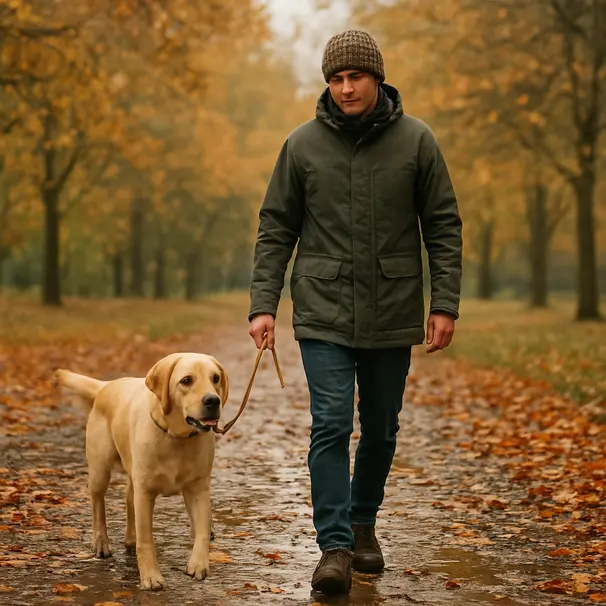A medium-sized Labrador walking with its owner through a wet leaf-covered park path, owner looking ahead scanning the terrain