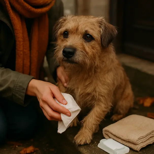 A small terrier having its paws wiped by a person on a doorstep after an autumn walk, towel nearby