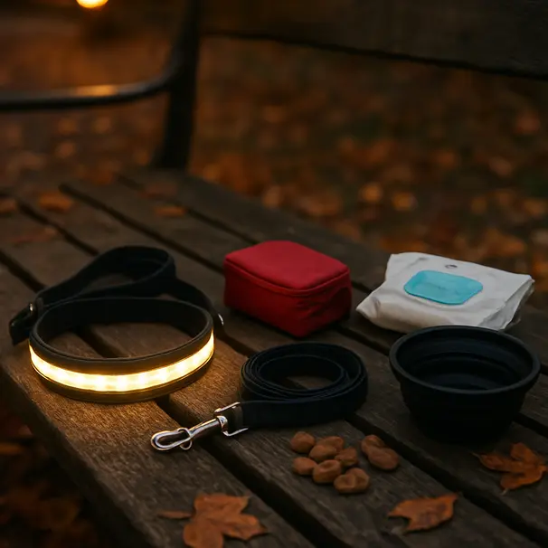 A compact dog walking kit on a bench at dusk including reflective collar, short lead, paw wipes and a small first aid kit