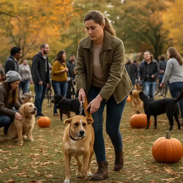 A busy autumn dog event with several dogs and owners, one handler calmly guiding a nervous dog away from the crowd