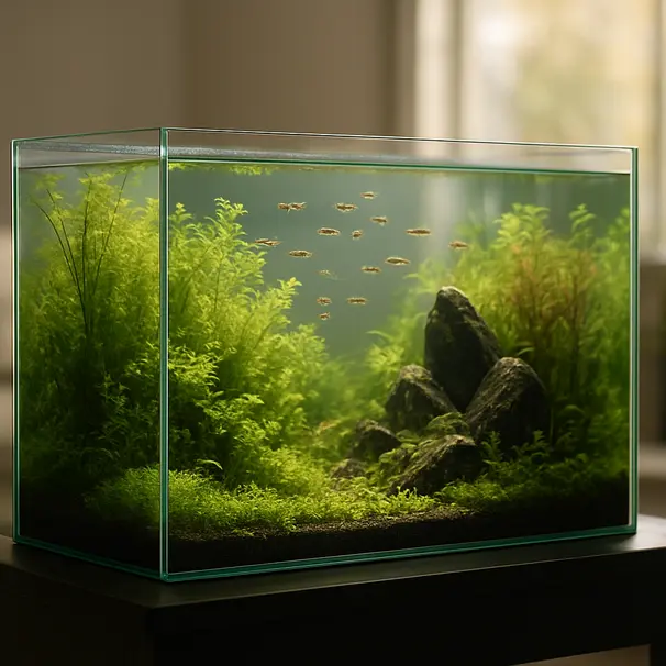 Finished aquascaped freshwater aquarium on a stand in a living room, layered plants and rocks with small schooling fish visible