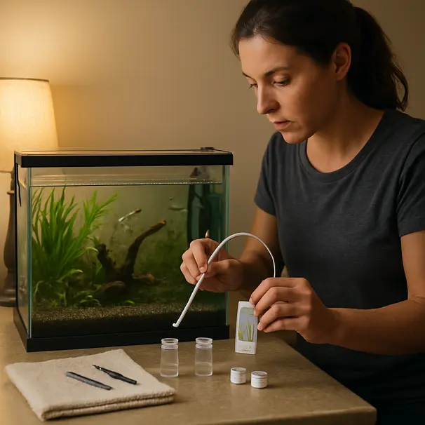 Pet carer siphoning substrate and using a water test kit during routine aquarium maintenance, evening indoor lighting