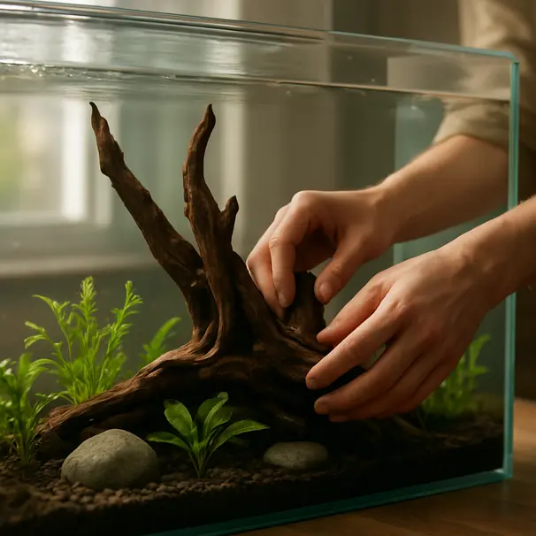 Pet carer arranging driftwood and plants inside a medium freshwater aquarium, close-up of hands and submerged decor, indoor daylight