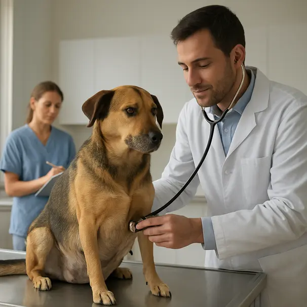 Vet gently examining a pregnant mixed-breed dog on an exam table in a modern clinic.