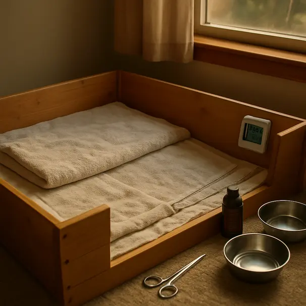 Whelping box with towels, heat pad, thermometer, and neatly arranged birthing supplies in a warm indoor setting.