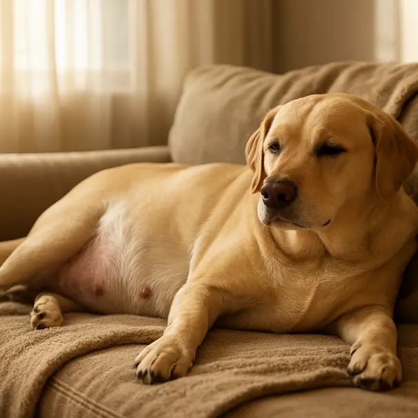 Pregnant Labrador retriever resting on a couch in a sunlit living room, showing calm expression and visible belly.