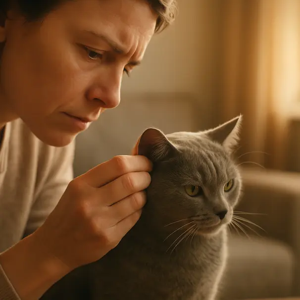 Pet owner gently lifting a gray cat's ear in a living room to check for signs of mites