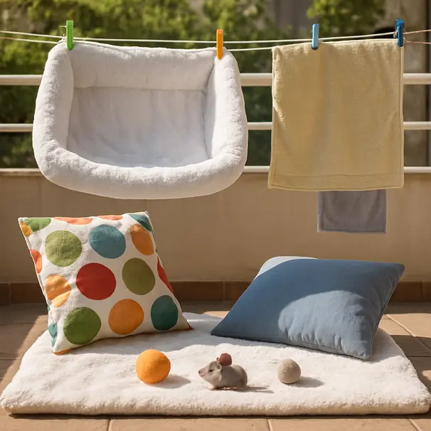 Freshly washed cat bedding and toys drying in sunlight on a balcony to prevent reinfestation