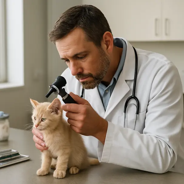 Veterinarian examining a kitten's ear with an otoscope in a bright clinic