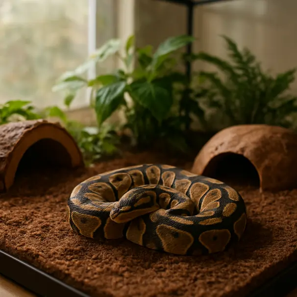 En ball python i et romslig terrarium med varmepute og skjul