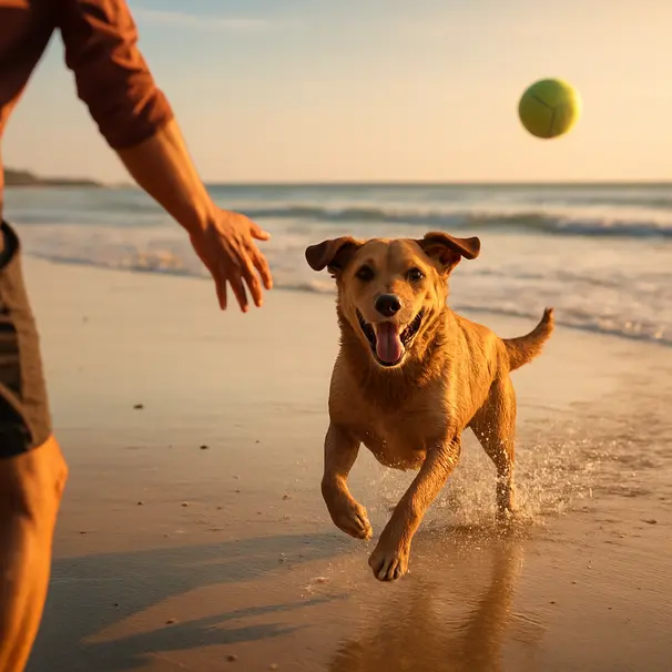 En leken hund henter ball på en solfylt strand i ettermiddagssol, eier i bakgrunnen