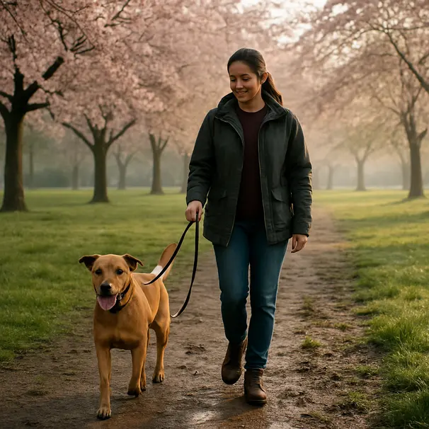 En person går tur med en mellomstor hund i en park med blomstrende trær og våt jord