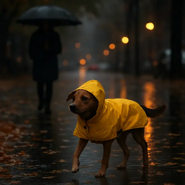 En hund i regnjakke går på et vått byfortau dekket med høstblader, person med paraply