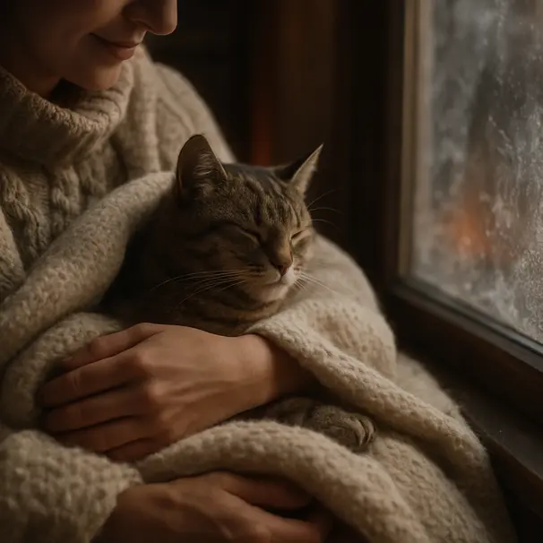 En person koser med en katt under et ullteppe ved et vindu med frost, varm innendørs atmosfære