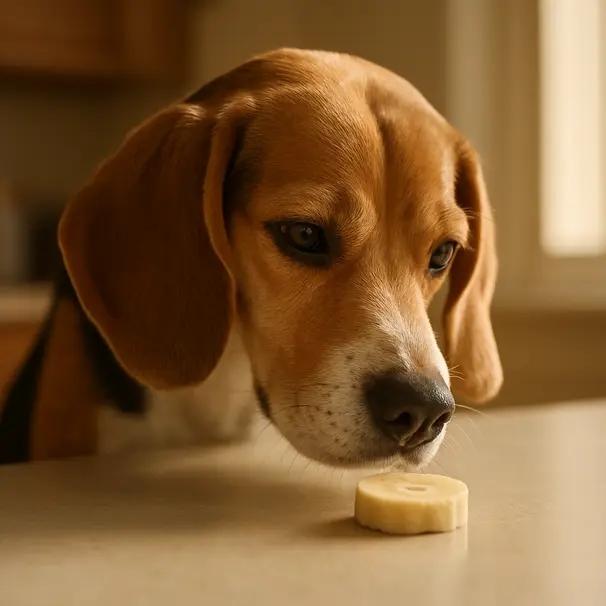 Beagle in a bright kitchen sniffing a banana slice on the counter, inquisitive expression and soft morning light.
