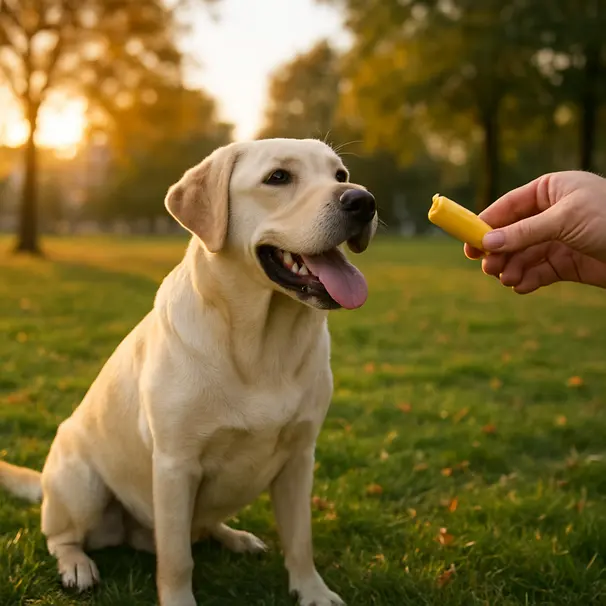 Yellow Labrador sitting on park grass in late afternoon light being offered a banana piece by a person, happy and playful mood.