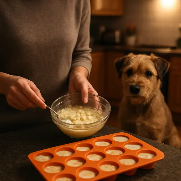 Pet carer filling silicone molds with banana and yogurt mixture while a terrier watches from the kitchen, warm evening lighting.
