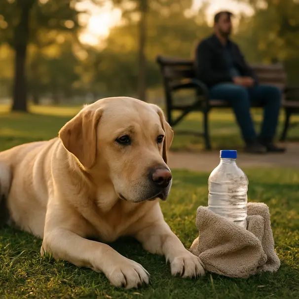 Labrador resting on grass beside a frozen water bottle wrapped in a towel with an owner sitting on a bench in a park at golden hour