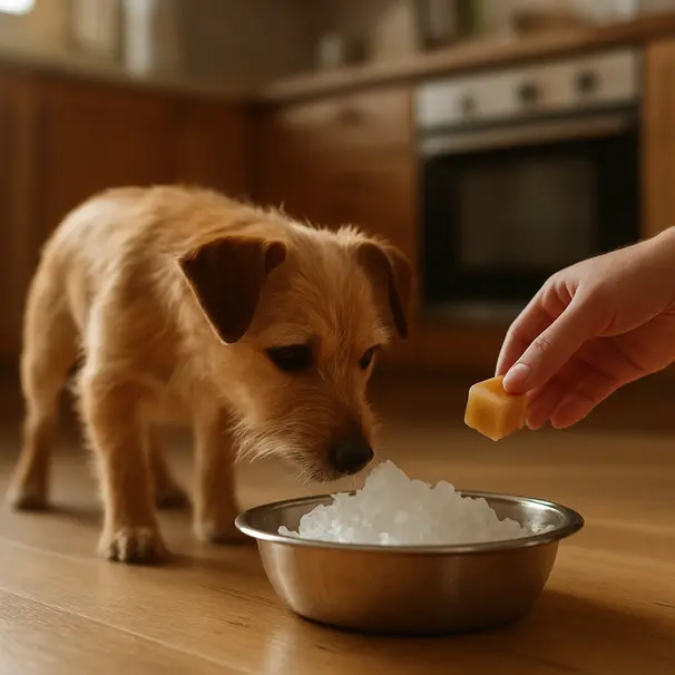 Small terrier sniffing a shallow stainless steel bowl of crushed ice on a kitchen floor with an owner’s hand nearby offering a frozen broth cube