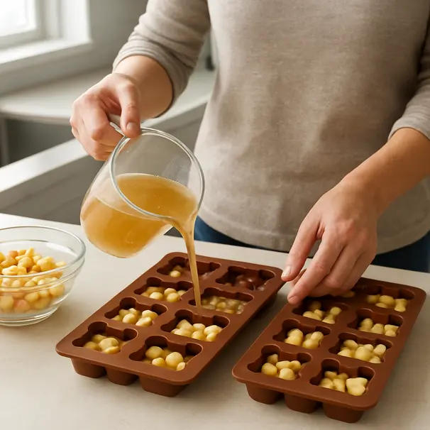 Hands filling silicone molds with low-sodium broth and small apple pieces on a kitchen counter to make frozen dog treats
