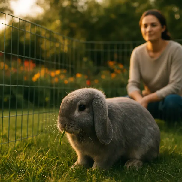 Grey lop-eared rabbit grazing in a secure garden run with flowers around and a caregiver watching from nearby